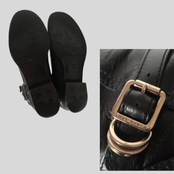 TORY BURCH LOGO CALISTA BLACK LEATHER KNEE HIGH EQUESTRIAN RIDING BOOTS 7.5 - Picture 9 of 10